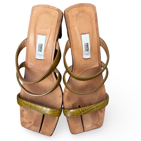 Miista Croc Embossed Olive Green Strappy Split Square Toe Heels Size 38 - Picture 7 of 9